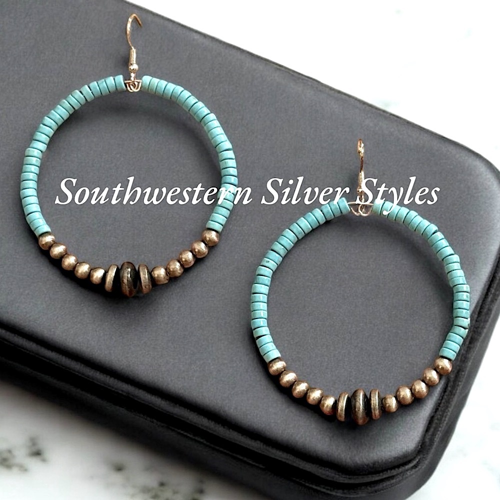 Vintage Southwestern Navajo Style Desert Pearls Turquoise Silver Hoop Earrings